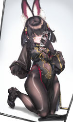 Rule 34 | 1girl, absurdres, animal ear fluff, animal ears, black footwear, black gloves, black hair, bodystocking, bodysuit, breasts, china dress, chinese clothes, closed mouth, commentary request, covered navel, cross-laced clothes, dress, extra ears, gloves, hair ornament, hand up, high heels, highres, holding, holding phone, kneeling, knees together feet apart, long sleeves, medium hair, mirror, original, phone, puffy long sleeves, puffy sleeves, rabbit ears, rabbit girl, selfie, shiny clothes, small breasts, solo, strappy heels, thighs, xun li eins, yellow eyes