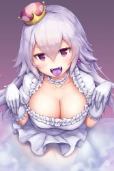 Rule 34 | 1girl, breasts, cleavage, colored tongue, detached collar, dress, fangs, frilled dress, frills, gloves, gradient background, hair between eyes, hands up, highres, large breasts, looking at viewer, luigi&#039;s mansion, mario (series), nintendo, open mouth, pink eyes, princess king boo, purple background, purple tongue, see-through, silver hair, smile, solo, super crown, tongue, tongue out, upper body, white dress, white gloves, yuki usagi (snowcanvas)