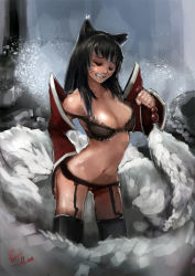 Rule 34 | 1girl, ahri (league of legends), anal, anal beads, anal object insertion, anal tail, animal ears, black hair, bra, detached sleeves, closed eyes, fake tail, fox ears, garter belt, league of legends, long hair, midriff, multiple insertions, navel, no panties, object insertion, riftgarret, sex toy, solo, tail, thighhighs, underwear, water, waterfall, wince