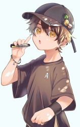 Rule 34 | 1boy, brown eyes, child, commentary request, ear piercing, earrings, electronic cigarette, hair between eyes, highres, jewelry, looking at viewer, male focus, original, piercing, ring, slashing, smoking, umino uni, vaping, white background, yellow eyes