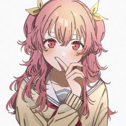 Rule 34 | 1girl, blush, commentary request, fingernails, iwawa, long hair, long sleeves, looking at viewer, momoi airi, neckerchief, pink eyes, pink hair, project sekai, red neckerchief, sailor collar, school uniform, serafuku, simple background, solo, two side up, upper body, white background, white sailor collar