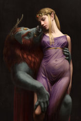 Rule 34 | 1boy, 1girl, always and never, arm around waist, astor alexander, bad end, bare shoulders, black background, blonde hair, breasts, breasts apart, covered erect nipples, covered navel, dress, eye contact, fangs, fine art parody, ganon, highres, horns, imminent rape, lips, long hair, looking at another, monster, nintendo, nipples, no bra, no panties, nose, parody, pointy ears, princess zelda, purple dress, realistic, see-through, sidelocks, small breasts, snout, the legend of zelda, the legend of zelda: twilight princess, thigh grab, tiara
