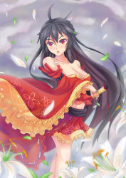 Rule 34 | black hair, breasts, cleavage, dress, dunceneygak, flower, hand on sword, highres, japanese clothes, kimono, long hair, open mouth, red dress, red eyes, sword, weapon