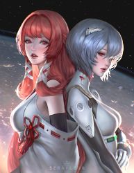 Rule 34 | 2girls, artist name, ayanami rei, back-to-back, blue hair, breasts, commentary, crossover, dragon raja, english commentary, hair between eyes, hair intakes, hair ribbon, highres, interface headset, long hair, medium breasts, medium hair, multiple girls, neon genesis evangelion, parted lips, plugsuit, red eyes, red hair, ribbon, serafleur, sky, star (sky), starry sky, uesugi erii, white ribbon