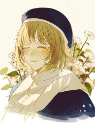 Rule 34 | 1girl, ^ ^, beret, black hat, blonde hair, blush, closed eyes, commentary request, daisy, dungeon meshi, facing viewer, falin touden, falin touden (tallman), flower, hat, highres, korean commentary, leaf, portrait, rakita, scarf, short hair, simple background, smile, solo, white flower, white scarf, yellow background