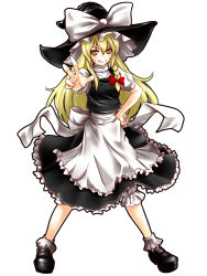 Rule 34 | 1girl, bobby socks, bow, braid, female focus, full body, hair bow, hand on own hip, k2isu, kirisame marisa, loafers, looking at viewer, shoes, simple background, smile, socks, solo, touhou, v, white background