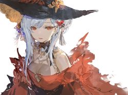 Rule 34 | 1girl, absurdres, bare shoulders, black hat, copyright request, detached collar, dress, expressionless, hair behind ear, hat, highres, long hair, looking at viewer, messikid, off shoulder, red dress, red eyes, silver hair, simple background, solo, tassel, upper body, white background