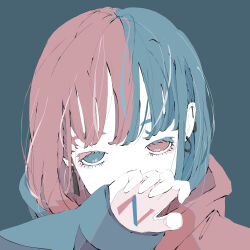 Rule 34 | 1girl, absurdres, blue background, blue eyes, blue hair, blue hoodie, bob cut, choppy bangs, colored eyelashes, commentary request, covering own mouth, earrings, hand up, head tilt, heterochromia, highres, hood, hoodie, jewelry, long bangs, looking at viewer, medium hair, multicolored hair, no pupils, nocopyrightgirl, open hand, original, pale skin, portrait, red eyes, red hair, red hoodie, simple background, solo, split-color hair, two-tone eyes, two-tone hair, two-tone hoodie