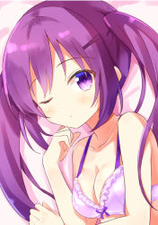 Rule 34 | 1girl, bare arms, bare shoulders, bed sheet, blush, bow, bow bra, bra, breasts, cleavage, closed mouth, collarbone, commentary request, gochuumon wa usagi desu ka?, hair ornament, hairclip, hand up, long hair, looking at viewer, lying, medium breasts, nanakusa amane, no shoes, on side, one eye closed, purple bra, purple eyes, purple hair, sidelocks, solo, tedeza rize, twintails, underwear, underwear only