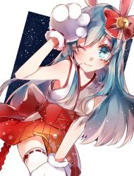 Rule 34 | 1girl, animal ears, animal hands, blue hair, blush, bow, clothing request, ensemble girls!, gloves, hassaku tsuyuri, highres, japanese clothes, light blue hair, long hair, looking at viewer, one eye closed, paw gloves, rabbit ears, red bow, rin-wonderland, sky, smile, solo, star (sky), starry sky, thighhighs, white background, white thighhighs