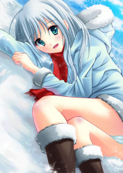 Rule 34 | 1girl, aqua eyes, blush, boots, dutch angle, female focus, fur boots, hood, hooded jacket, jacket, looking at viewer, lying, on side, open mouth, original, outdoors, panties, scarf, shiraha, silver hair, sky, smile, snow, solo, underwear