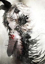Rule 34 | 1girl, album cover, android, black nails, black ribbon, cable, closed mouth, commentary request, cover, damaged, eyelashes, from behind, frown, glitch, hair ornament, hair ribbon, hairclip, hand on own shoulder, highres, kagamine rin, kataru (ubw-emiya), light trail, looking at viewer, nail polish, nude, ribbon, self hug, short hair, solo, upper body, vocaloid, white eyes, white hair