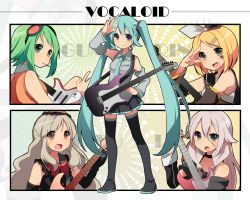 Rule 34 | 5girls, aqua hair, arisa (aren), bad id, bad pixiv id, blonde hair, boots, character name, choker, copyright name, detached sleeves, electric guitar, goggles, goggles on head, green eyes, green hair, guitar, gumi, hair ornament, hairclip, hand on own hip, hatsune miku, ia (vocaloid), instrument, kagamine rin, long hair, mayu (vocaloid), multiple girls, necktie, open mouth, pink hair, skirt, smile, thigh boots, thighhighs, twintails, very long hair, vocaloid