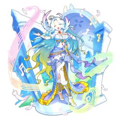 Rule 34 | ahoge, beamed sixteenth notes, breasts, cleavage, dragalia lost, dress, eighth note, feathers, full body, gem, gradient hair, half note, hand on own chest, high heels, jewelry, long hair, lucretia (dragalia lost), multicolored hair, music, musical note, non-web source, official art, open mouth, pentagram, quarter note, saitou naoki, singing, smile, solo, transparent background