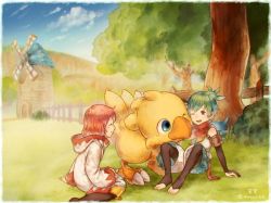 Rule 34 | 1girl, ahoge, blue eyes, chocobo, closed mouth, cloud, cotelier, final fantasy, final fantasy fables, green hair, open mouth, pink hair, robe, shirma, short hair, smile, toes, tree, white mage (final fantasy)