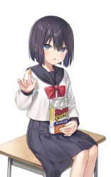 Rule 34 | 1girl, bag of chips, bare legs, black hair, black sailor collar, black skirt, blue eyes, bob cut, bow, bowtie, commentary request, desk, food, food on hand, hair between eyes, highres, holding, holding food, index finger raised, looking at viewer, medium hair, na-ga, neck ribbon, on desk, original, parted bangs, parted lips, pleated skirt, red bow, red ribbon, ribbon, sailor collar, school desk, school uniform, serafuku, shirt, sidelocks, simple background, sitting, skirt, solo, white background, white shirt