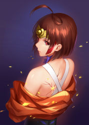 Rule 34 | 10s, 1girl, althea (sakiya0000), back, blue ribbon, brown hair, choker, closed mouth, eyelashes, from above, from behind, glowing, headband, highres, koutetsujou no kabaneri, looking at viewer, looking back, mumei (kabaneri), red eyes, ribbon, ribbon choker, sash, short hair, solo, spoilers, steampunk, upper body, veins
