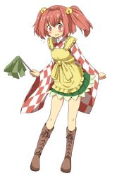 Rule 34 | 1girl, apron, bell, blush, boots, brown footwear, checkered clothes, checkered kimono, duster, flying sweatdrops, full body, green skirt, hair bell, hair ornament, japanese clothes, kimono, knee boots, looking at viewer, medium hair, motoori kosuzu, open mouth, pleated skirt, red eyes, red hair, shimouki izui, skirt, solo, touhou, twintails, two side up, wavy mouth, wide sleeves