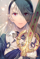Rule 34 | 1girl, amatari sukuzakki, buckle, commentary request, corrin (female) (fire emblem), corrin (fire emblem), english text, fire emblem, fire emblem fates, gloves, hair between eyes, hairband, highres, holding, holding sword, holding weapon, long hair, looking at viewer, nintendo, petals, pointy ears, red eyes, serious, shaded face, signature, slit pupils, solo, sword, text focus, upper body, weapon, white hair, yato (fire emblem)