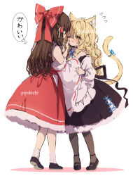 Rule 34 | 2girls, animal ears, artist name, bare shoulders, black footwear, black pantyhose, black skirt, black vest, blonde hair, blush, bow, braid, brown hair, cat ears, cat tail, commentary, detached sleeves, flying sweatdrops, full body, hair between eyes, hair bow, hakurei reimu, highres, japanese clothes, kemonomimi mode, kirisame marisa, long hair, long sleeves, multiple girls, no headwear, nontraditional miko, one eye closed, open mouth, pantyhose, petticoat, piyokichi, red bow, revision, ribbon-trimmed sleeves, ribbon trim, shirt, shoes, simple background, single braid, skirt, socks, tail, thought bubble, touhou, translated, vest, white background, white shirt, white sleeves, white socks, wide sleeves, yellow eyes, yuri