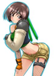 Rule 34 | 1girl, armor, bare shoulders, bent over, blush, breasts, brown gloves, brown hair, brown shorts, commentary, cowboy shot, cropped sweater, final fantasy, final fantasy vii, fingerless gloves, fishnets, gloves, green sweater, headband, highres, holding own arm, leaning forward, looking at viewer, medium breasts, midriff, navel, open fly, pochiiru (uowou), ribbed sweater, short hair, shorts, sleeveless, sleeveless sweater, sleeveless turtleneck, smile, solo, sweat, sweater, transparent background, turtleneck, yuffie kisaragi