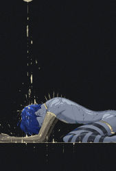 Rule 34 | 1other, all fours, amputee, black background, blue hair, closed eyes, commentary request, cracked skin, from side, gold, golden arms, highres, houseki no kuni, ko ryou, molten metal, phosphophyllite, phosphophyllite (ll), quadruple amputee, short hair, simple background, solo, spoilers