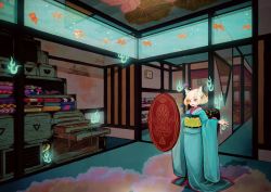 Rule 34 | 1girl, :d, animal ears, aquarium, blonde hair, bubble, clock, comb, drawer, fabric, fish, fire, fox ears, geta, glowing, goldfish, indoors, japanese clothes, jewelry, kaworu, kimono, mirror, open mouth, original, red eyes, ring, short hair, smile, solo, spirit, standing, water