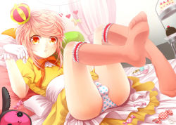 Rule 34 | 1boy, :t, androgynous, cake, cake slice, crossdressing, crown, food, frilled socks, frills, gloves, heart, legs up, looking at viewer, male focus, md5 mismatch, original, panties, pink hair, polka dot, polka dot panties, red eyes, shiroma (460), shiroma kira, short hair, socks, solo, sweets, trap, underwear, white gloves