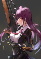 Rule 34 | 1girl, black dress, black gloves, blunt bangs, blush, breasts, bullpup, cartridge, closed mouth, dress, girls&#039; frontline, gloves, gradient background, grey background, gun, himonoata, holding, holding gun, holding weapon, large breasts, long hair, long sleeves, looking at viewer, looking to the side, necktie, one side up, purple hair, red eyes, red necktie, rifle, sideways glance, sniper rifle, solo, trigger discipline, underbust, very long hair, wa2000 (girls&#039; frontline), walther, walther wa 2000, weapon