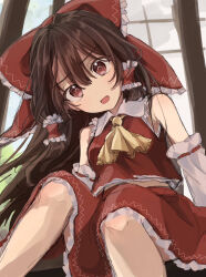Rule 34 | 1girl, ascot, bow, brown eyes, brown hair, chalc0, commentary request, detached sleeves, frilled bow, frilled hair tubes, frills, hair bow, hair tubes, hakurei reimu, long hair, looking at viewer, open mouth, red bow, red skirt, ribbon-trimmed sleeves, ribbon trim, sitting, skirt, skirt set, solo, touhou, very long hair, yellow ascot