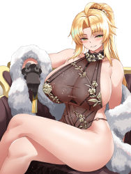 Rule 34 | 1girl, ahoge, barbariana (last origin), bare shoulders, black dress, black gloves, blonde hair, blush, breasts, cho!cho!, cleavage, commentary request, couch, covered navel, crossed legs, dress, folded fan, folding fan, gloves, green eyes, hair ornament, hand fan, highres, holding, holding fan, huge breasts, last origin, long hair, looking at viewer, navel, on couch, parted bangs, ponytail, see-through, see-through cleavage, shawl, simple background, sitting, smile, solo, very long hair, white background