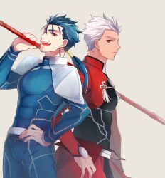 Rule 34 | 2boys, :d, archer (fate), armor, bberry, blue bodysuit, blue hair, bodysuit, cowboy shot, cu chulainn (fate), cu chulainn (fate/stay night), earrings, expressionless, fate/stay night, fate (series), gae bolg (fate), grey eyes, hand on own hip, holding, holding polearm, holding spear, holding weapon, jewelry, long hair, looking at viewer, male focus, multiple boys, open mouth, pauldrons, polearm, ponytail, red eyes, sepia background, shoulder armor, simple background, smile, spear, weapon, white hair