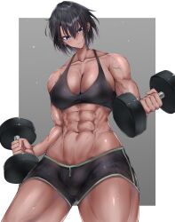 Rule 34 | 1girl, abs, absurdres, bare arms, bare shoulders, black shorts, blue eyes, border, breasts, cleavage, closed mouth, collarbone, dark-skinned female, dark skin, exercising, green trim, grey background, hair between eyes, highres, holding, holding dumbbell, large breasts, looking at object, muscular, muscular female, navel, original, short shorts, shorts, solo, sports bra, stomach, sweat, thick thighs, thighs, veins, veiny arms, weightlifting, white border, yakan (mihag3000)