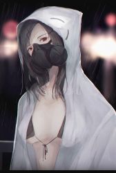 Rule 34 | 1girl, artist name, bikini, black bikini, breasts, brown hair, commentary request, covered mouth, front-tie bikini top, front-tie top, gas mask, hair ornament, hairclip, head tilt, highres, hood, hood up, hooded jacket, jacket, long hair, looking at viewer, marumoru, mask, medium breasts, mouth mask, open clothes, open jacket, original, parted bangs, rain, red eyes, solo, swimsuit, white jacket, x hair ornament