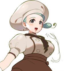 Rule 34 | 1girl, = (9 yawbus), apron, ascot, breasts, brown apron, brown ascot, brown skirt, buttons, chef hat, creatures (company), game freak, gloves, green hair, hat, highres, katy (pokemon), large breasts, low side ponytail, mole, mole on cheek, muffin top, nintendo, pokemon, pokemon sv, puffy short sleeves, puffy sleeves, short sleeves, skirt, solo, waist apron