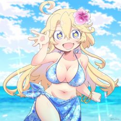 Rule 34 | 10s, 1girl, ahoge, bikini, blonde hair, blue eyes, breasts, cleavage, commentary request, flower, hair between eyes, hair flower, hair ornament, iowa (kancolle), kantai collection, large breasts, long hair, looking at viewer, navel, open mouth, smile, solo, star-shaped pupils, star (symbol), swimsuit, symbol-shaped pupils, tsukko (3ki2ne10)