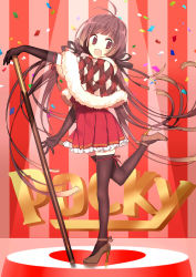 Rule 34 | 1girl, :d, antenna hair, argyle, black hair, black thighhighs, capelet, confetti, elbow gloves, food, gloves, hanabana tsubomi, high heels, highres, leg up, long hair, open mouth, original, pleated skirt, pocky, red eyes, shoes, skirt, smile, solo, standing, standing on one leg, striped, striped background, thighhighs, vertical stripes, very long hair