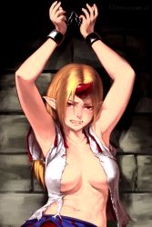 Rule 34 | 1girl, armpits, arms up, assisted exposure, bdsm, blonde hair, bondage, bound, bound arms, bound wrists, clenched teeth, cuffs, envenomist (gengoroumaru), fangs, highres, horns, hoshiguma yuugi, long hair, looking at viewer, oni, open clothes, pointy ears, red eyes, shackles, single horn, slave, solo, sweat, tears, teeth, torn clothes, touhou