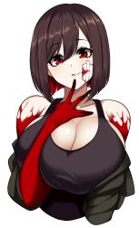 Rule 34 | 1girl, absurdres, bandaid, bandaid on face, bare shoulders, blood, blood on face, blood on hands, blush, breasts, brown hair, collarbone, green jacket, hair between eyes, highres, hz (666v), jacket, large breasts, multicolored hair, original, parted lips, red eyes, red hair, shiny skin, short hair, simple background, solo, upper body, white background
