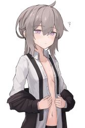 Rule 34 | absurdres, ahoge, buttons, commentary, english commentary, exhausted, gamryous, girls&#039; frontline, green eyes, highres, jacket, m200 (girls&#039; frontline), navel, ponytail, removing jacket, shirt, unbuttoned, unbuttoned shirt, white shirt