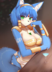 Rule 34 | 1girl, :3, alcohol, animal ear fluff, animal ears, animal nose, arm tattoo, armor, bandeau, bar (place), bench, blue fur, blue hair, body fur, breasts, choker, circlet, cleavage, closed mouth, cocktail glass, collarbone, crystal, cup, drink, drinking glass, fang, fang out, female focus, fox ears, fox girl, fox tail, furry, furry female, gem, gold, green eyes, green gemstone, hair ornament, hairband, hand up, happy, head rest, highres, horokusa (korai), indoors, jewelry, krystal, large breasts, loincloth, looking at viewer, martini, necklace, nintendo, o-ring, o-ring bottom, red gemstone, short hair, shoulder armor, sidelocks, sitting, smile, solo, star fox, tail, tattoo, two-tone fur, upper body, vambraces, white fur, wine glass, yellow bandeau, yellow choker, yellow hairband