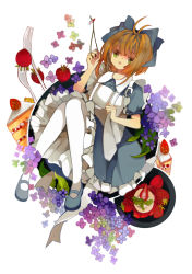 Rule 34 | 1990s (style), 1girl, :o, antenna hair, apron, berry, blue dress, bow, brown hair, cake, cardcaptor sakura, child, dress, flower, food, fork, frills, fruit, full body, fuuin no tsue, green eyes, hair bow, holding, jewelry, key, kinomoto sakura, mary janes, necklace, open mouth, pantyhose, puffy sleeves, qingse caitou, retro artstyle, ribbon, shoes, short dress, short hair, short sleeves, simple background, solo, strawberry, sweets, white background, white pantyhose
