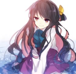 Rule 34 | 10s, 1girl, backlighting, black hair, blue bow, blue bowtie, blurry, bow, bowtie, closed mouth, eyebrows, fang, fang out, hiiragi souren, kantai collection, multicolored hair, naganami (kancolle), pink hair, smile, solo, two-tone hair, uniform, water, yellow eyes