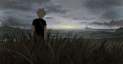 Rule 34 | 1boy, absurdres, arms at sides, bakugou katsuki, beach, black shirt, blonde hair, blurry, boku no hero academia, chinese commentary, chromatic aberration, cloud, cloudy sky, commentary, depth of field, english commentary, from behind, grass, grey sky, highres, horizon, island, light, lighthouse, male focus, mixed-language commentary, ocean, outdoors, pao jiao yu pao jiao, rock, sand, shirt, shore, short hair, short sleeves, sky, solo, spiked hair, standing, t-shirt, water, waves, wide shot