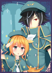Rule 34 | + +, 1boy, 1girl, absurdres, aqua background, aqua hat, asusilver (artist), beret, black hair, blonde hair, blush, border, cape, capelet, chestnut mouth, child, collarbone, efina, hair over one eye, hat, highres, lieat, long hair, looking at viewer, multicolored hair, neckerchief, peaked cap, pink eyes, red eyes, sailor collar, salute, scar, scar on face, sparkle, streaked hair, teobaldo leonhearts, two-tone hair, uniform, white hair, wrist cuffs