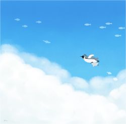 Rule 34 | above clouds, animal focus, ayu (mog), baby penguin, bird, blue sky, chick, cloud, fish, flying, flying fish, no humans, original, outdoors, penguin, sky