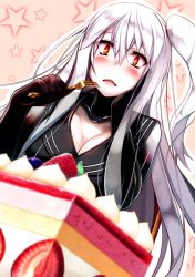 Rule 34 | + +, 10s, 1girl, abyssal ship, aircraft carrier oni, blurry, blush, breasts, cake, cleavage, depth of field, dress, female focus, food, fork, fuuki (nicoseiga), fuuki (te fuukin), hand on own cheek, hand on own face, highres, holding, kantai collection, large breasts, long hair, one side up, orange eyes, pale skin, sailor dress, solo, strawberry shortcake, white hair