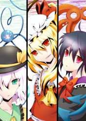 3girls ascot asymmetrical_wings bad_id bad_pixiv_id black_hair blonde_hair bow ex_boss female_focus flandre_scarlet green_eyes hat houjuu_nue komeiji_koishi multiple_girls purple_hair red_eyes short_hair side_ponytail touhou tsubonari wings