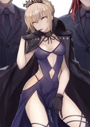 Rule 34 | 1girl, 2boys, artoria pendragon (alter swimsuit rider) (fate), artoria pendragon (alter swimsuit rider) (third ascension) (fate), artoria pendragon (fate), blonde hair, braid, character request, choker, clothing cutout, dress, fate/grand order, fate (series), finger in own mouth, formal, gloves, groin, highres, jacket, jacket on shoulders, looking at viewer, multiple boys, navel, navel cutout, necktie, red hair, suit, thigh strap, tiara, totteri, tristan (fate), white background, yellow eyes