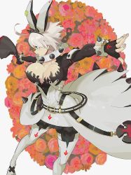 Rule 34 | 1girl, ahoge, animal ears, arms up, arqa, belt, blue eyes, bracelet, breasts, chain, cleavage, clothing cutout, clover, collar, dress, elphelt valentine, fake animal ears, flower, four-leaf clover, gameplay mechanics, grey hair, guilty gear, guilty gear xrd, huge ahoge, jewelry, large breasts, looking away, open mouth, rabbit ears, red flower, red rose, rose, short hair, solo, spiked bracelet, spiked collar, spikes, wedding dress